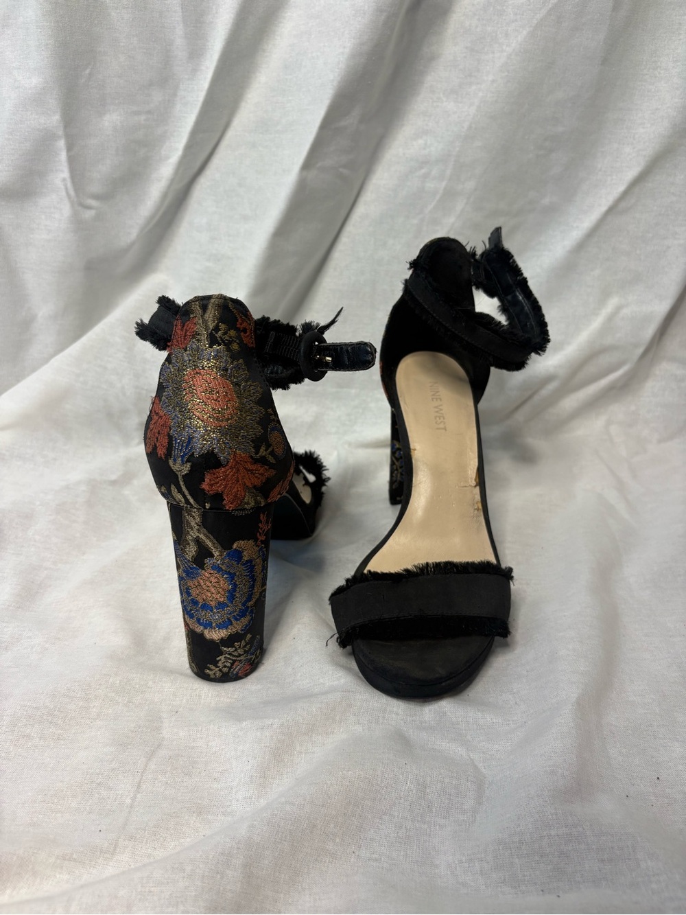 Nine West Black Embroidered Floral Block Heel Sandals